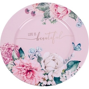Qx impex kft IRIS калайдисан поднос, кръгъл, розова роза, с надпис life the beautiful 33 x 1, 5 cm 081140 (081140)
