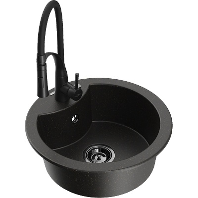 Mexen Diego гранитна кухненска мивка с една камера с кухненски смесител Aster, черно/златно металик - 6512-75-73450-70-B (6512-75-73450-70-B)