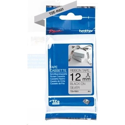 BROTHER TZE-R931 - kazeta TZ šířky 12mm, TEXTILNÍ páska 4m- pro tvorbu dárků - NELEPÍCÍ - STŘÍBRNÁ PÁSKA, ČERNÝ POTISK