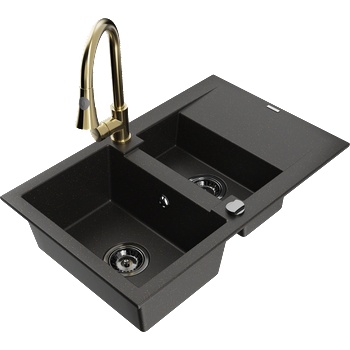 Mexen Gaspar мивка от гранит с 1, 5 камери с отцедник и кухненски смесител Elia, черно/златен металик - 6507-75-670101-50-B (6507-75-670101-50-B)