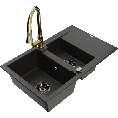 Mexen Gaspar мивка от гранит с 1, 5 камери с отцедник и кухненски смесител Elia, черно/златен металик - 6507-75-670101-50-B (6507-75-670101-50-B)