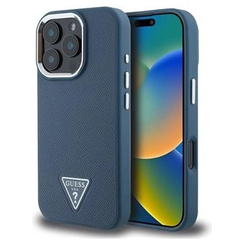 GUESS Премиум калъф Guess PU Grained Triangle Logo MagSafe Case за iPhone 16 Pro - Blue