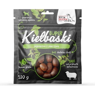 SYTA MICHA Super párky s jehněčím masem a kopřivou pochoutka pro psy 100 g