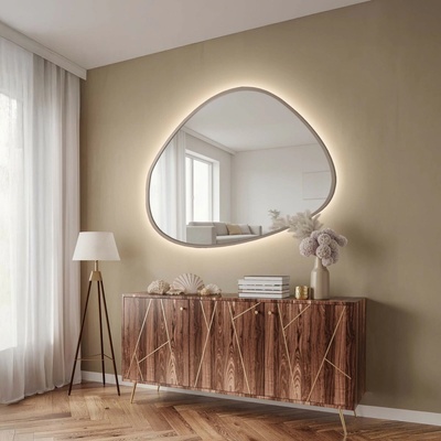 Alfaram Zrkadlo s organickým tvarom v kašmírovom ráme z MDF s podsvietením – MARIS SAND LED V RÁME 97x80