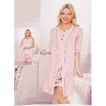 Розов комплект от халат и нощница на точки и мече