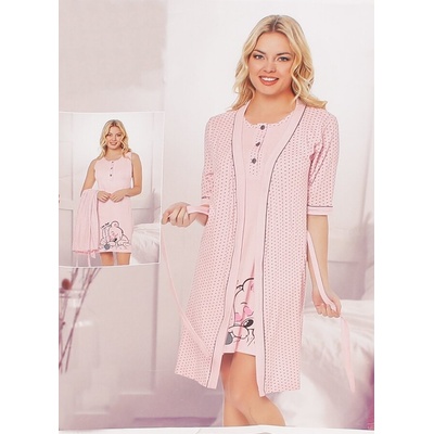 Розов комплект от халат и нощница на точки и мече