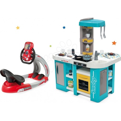 Smoby Set kuchynka elektronická Tefal Studio 360° XL Bubble a trenažér V8 Driver so zvukom a svetlom