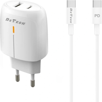DeTech Мрежово зарядно устройство DeTech DE-31PDC, 20W, С PD Type-C кабел, 1 x Type-C F, 1 x USB F, PD, QC, Бял - 40322
