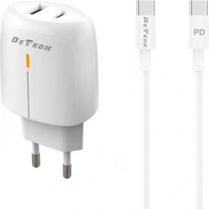 DeTech Мрежово зарядно устройство DeTech DE-31PDC, 20W, С PD Type-C кабел, 1 x Type-C F, 1 x USB F, PD, QC, Бял - 40322