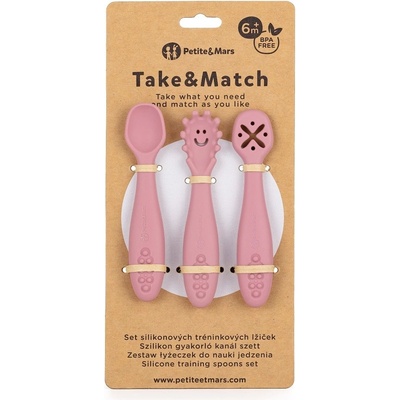 PETITEMARS Petite&mars Set silikonových tréninkových lžiček Take&Match Dusty Rose 6m+