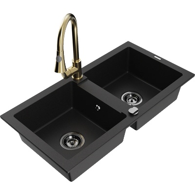 Mexen Mario гранитна мивка с 2 корита и кухненски смесител Elia, черен (6504-77-670101-50-B)