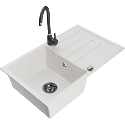 Mexen Bruno гранитна кухненска мивка с 1 камера с отцедник и кухненски смесител Telma, бял - 6513-20-670200-70 (6513-20-670200-70)