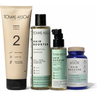 Tomas Arsov Podpora rastu farbených vlasov Hair Booster šampón 250 ml + Bonfire Oplachový kondiconér 250 ml + Hair Booster sprej 110 ml + Hair Booster 2.0 Doplnok stravy 90 kapsúl set
