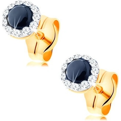 Šperky Eshop Zlaté náušnice kruhový safír černé barvy čiré krystalky Swarovski S1GG145.10