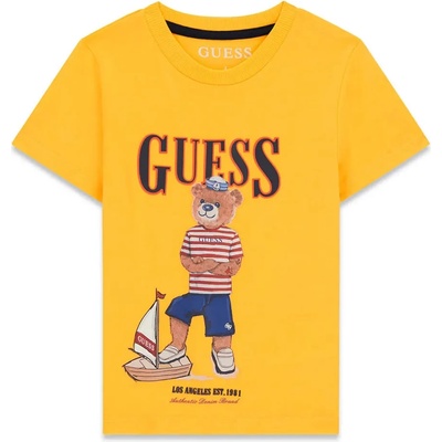 GUESS Жълта тениска за мини момче с цветно мече отпред и черен надпис Guess