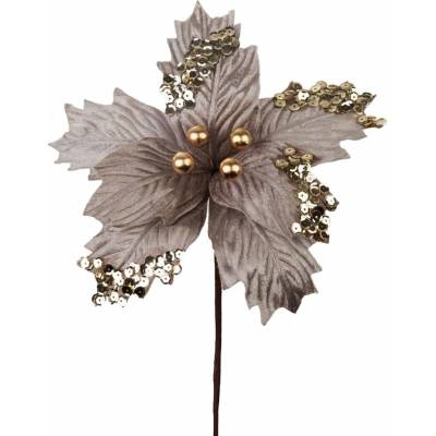 Kvet MagicHome Vianoce, poinsettia, s guľkami, strieborný, 18 cm, veľkosť kvetu: 20 cm
