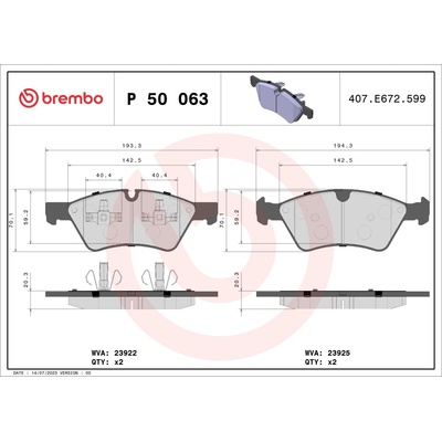 Sada brzdových platničiek, vždy 4 kusy v sade BREMBO P 50 063 (P50063)