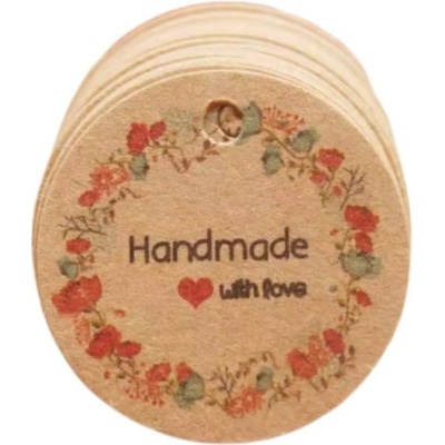 Visačky okrúhle, folklór – Handmade with love, 10 ks prírodná