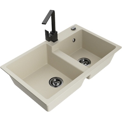Mexen Tomas мивка от гранит с 2 камери и кухненски смесител Rita, бежов - 6516-69-670300-70 (6516-69-670300-70)