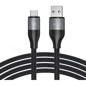 Lito - Кабел за данни (LD23T) - USB към Type-C, бързо зареждане, плетен найлон, 6A, 480Mbps, 1m - Сив