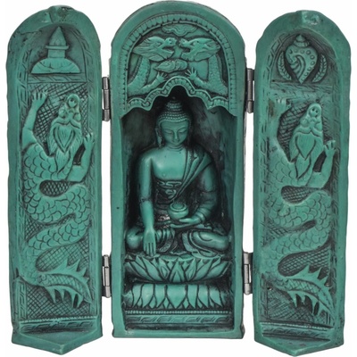 Sanu Babu Buddha, cestovní oltář, tyrkysový, pryskyřice, 21cm