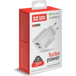 ColorWay USB заряден адаптер, (Type-C PD + USB QC3.0) (20 W) V2, бял (CW-CHS025QPD-WT)