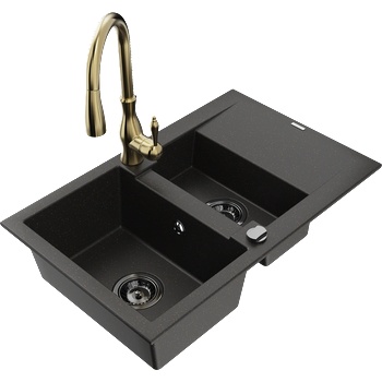 Mexen Gaspar гранитна мивка с 1, 5 отделение, отцедник и кухненски кран Savita, черно/златно - 6507-75-672601-50-B (6507-75-672601-50-B)