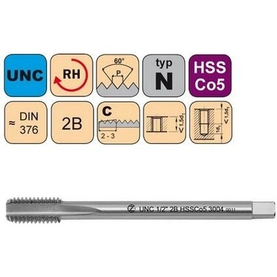 NÁSTROJE CZ Závitník strojní UNC 1 1/8"-7 2B HSSCo5 DIN 376 C - 3004 - CZZ3004-UNC-1-1/8"-7-2B