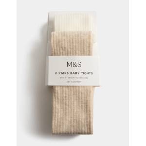 Marks & Spencer Комплект 2 бр. чорапогащи с ребрест десен и висок дял памук (0-3 години) Marks & Spencer кремав Marks & Spencer | Bezhov | Момчешки | 0-6 M