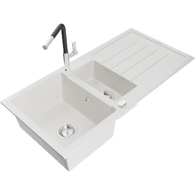 Mexen Andres гранитна мивка с 1, 5 камери и дренаж и кухненски смесител Flora, бял - 6515-20-670401-07 (6515-20-670401-07)