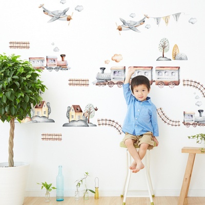 INSPIO 3698bf Samolepky na zeď - Šedý vlak a letadla, velikost 90 x 90 cm – Zboží Dáma