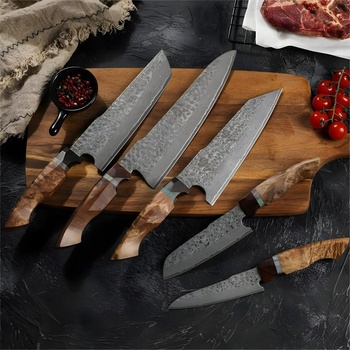 HARAHU Комплект дамаски кухненски ножове yu-37468 - Кафяв kp37468 (yu-37468)