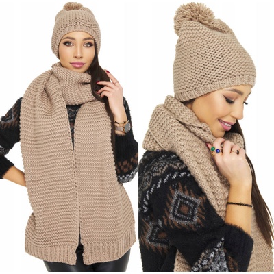 Fashionweek Zimní tlustá teplá dámská vlněná souprava čepice a dlouhý šátek KARR28 latte