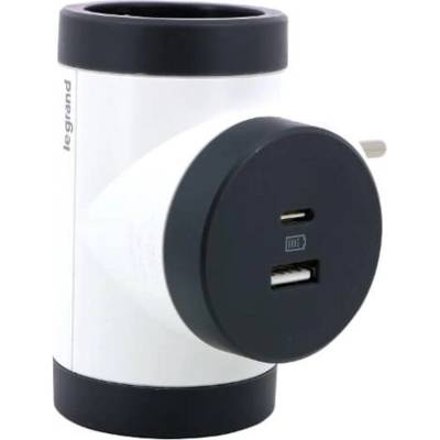 Legrand Адаптер LEGRAND Premium, 2×2P+E, T-образен, 2×USB A+C, въртящ, бял/тъмносив (M011090)