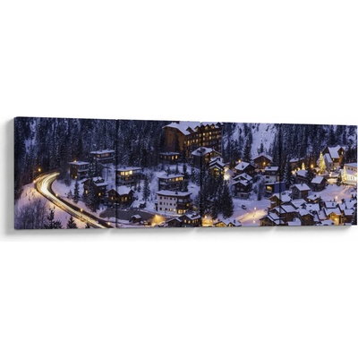 Obraz - horské zimní městečko, Čtyřdílný 160x40 cm