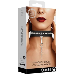 Ouch! Diamond Studded Collar with Leash Black