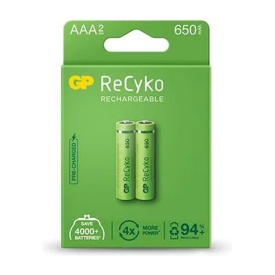 GP Batteries Акумулаторна Батерия GP R03 AAA 650mAh NiMH 65AAAHCE-EB2, 2 бр. в опаковка (GP-BR-65AAAHCE-EB2)