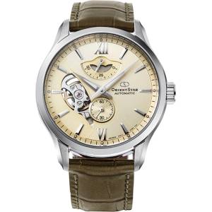 Orient Star RE-AV0B10G Мъжки часовник - Автоматичен, Бежов Циферблат, Полу-Скелетон, 41мм, Резерв 50ч, 100м Водоуст. , Кафява Кожена Каишка Часовници