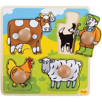 Bigjigs Toys Дървен пъзел с дръжки Bigjigs - Ферма (BJ520)