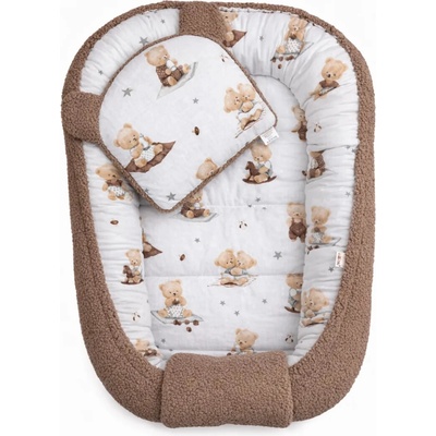 Baby Nellys Oboustranné hnízdečko s polštářkem, boucle, 50x80 cm, Kouzelný Méďa, hnědý