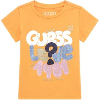 GUESS Оранжева тениска с къс ръкав с цветни надписи и глитери за момиче Guess