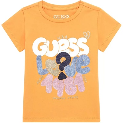 GUESS Оранжева тениска с къс ръкав с цветни надписи и глитери за момиче Guess