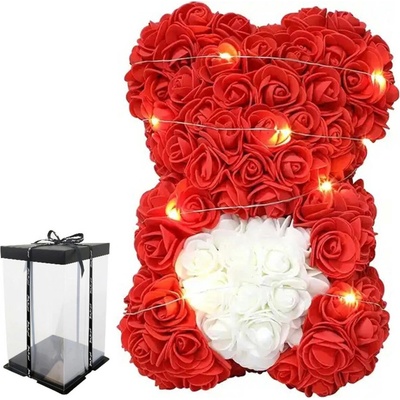 Medvídek srdce z růží červených - 25cm