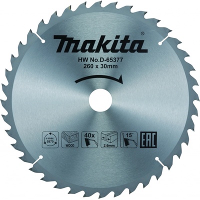 MAKITA Kotúč pílový D 260 x 30 mm na drevo (40 HM zubov) 2.6 mm rez - D-65377