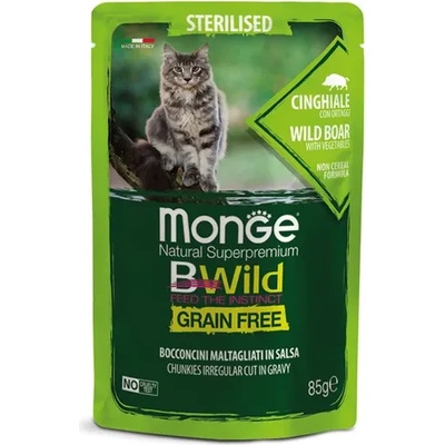 Gemon Monge Natural Superpremium BWild Grain Free Sterilised Cat - Премиум пауч за кастрирани израснали котки, без зърно, с хапки глиганско месо и зеленчуци в сос, 85 гр. /6 броя