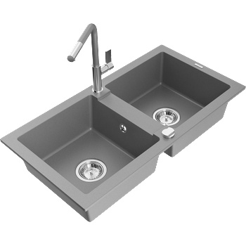 Mexen Mario мивка от гранит с 2 камери с кухненски смесител Flora, сив - 6504-71-670401-06 (6504-71-670401-06)