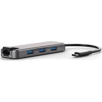 Bluestork USB хъб - HUB-OFFICE (USB-C към 3xUSB 2.0 порт + 1xUSB-C + 1xHDMI + 1xRJ45, сив) (HUB-OFFICE)