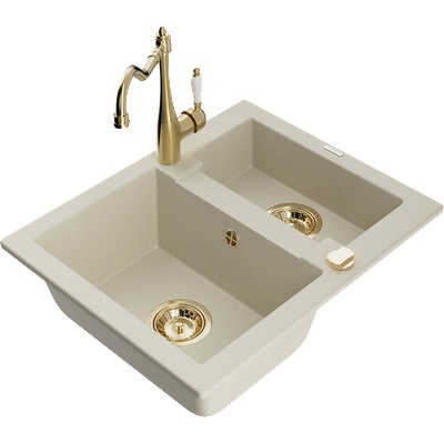 Mexen Carlos гранитна мивка 1, 5-корпусна с кухненски смесител Carla, бежов - 6518-69-670700-50 (6518-69-670700-50)