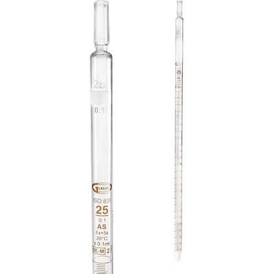 Vícedimenzionální pipeta, 25 ml (0,10 ml), třída AS, hnědá stupnice, s certifikátem – GLASSCO, ISO 835