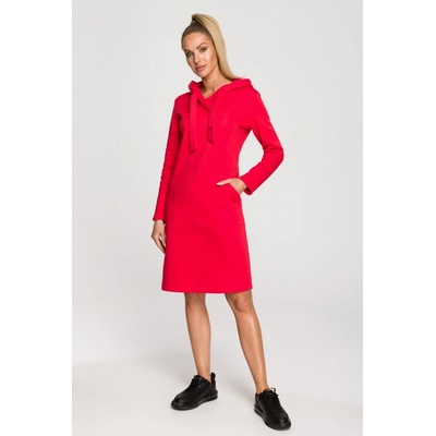 M695 Hooded knit dress with an asymmetrical pocket červená